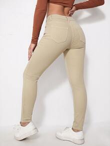 SHEIN Essnce Women's Fashion Versatile Button Pocket Denim Jeans - Mocha Brown - View 2