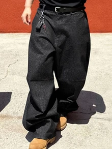 DAZY 春秋條紋水洗彎腿寬鬆錐腿鈕扣設計大尺碼男士牛仔褲 - 黑色 - 查看 5