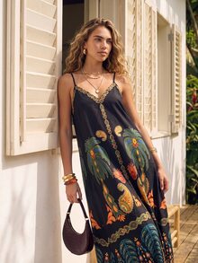 CAJUNI Women's Loose Paisley Pattern Spaghetti Strap Vacation Dress - Multicolor - View 3