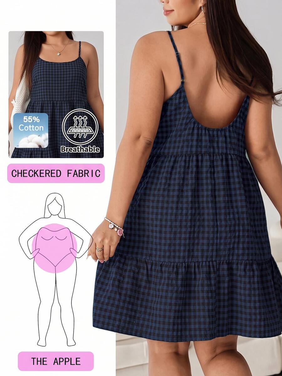 Solflare Plus Size Korean Style Vacation Plaid Spaghetti Strap Dress - Multicolor - View 1
