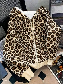 Resyla Women's Leopard Print Long Sleeve Zip-Up Casual Hooded Sweatshirt, Autumn/Winter - Multicolor - View 1
