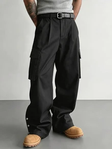 SLATEMANN Men's Black Rivet Design Long Pants, Multi-Pocket Cargo Pants, Casual Versatile Long Pants - Black - View 1
