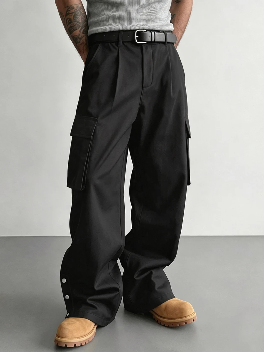 SLATEMANN Men's Black Rivet Design Long Pants, Multi-Pocket Cargo Pants, Casual Versatile Long Pants - Black - View 1
