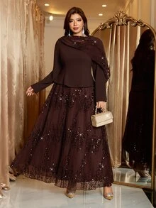 Reflora Plus Size Elegant Party Sequin Patchwork Dress - Brown - View 4