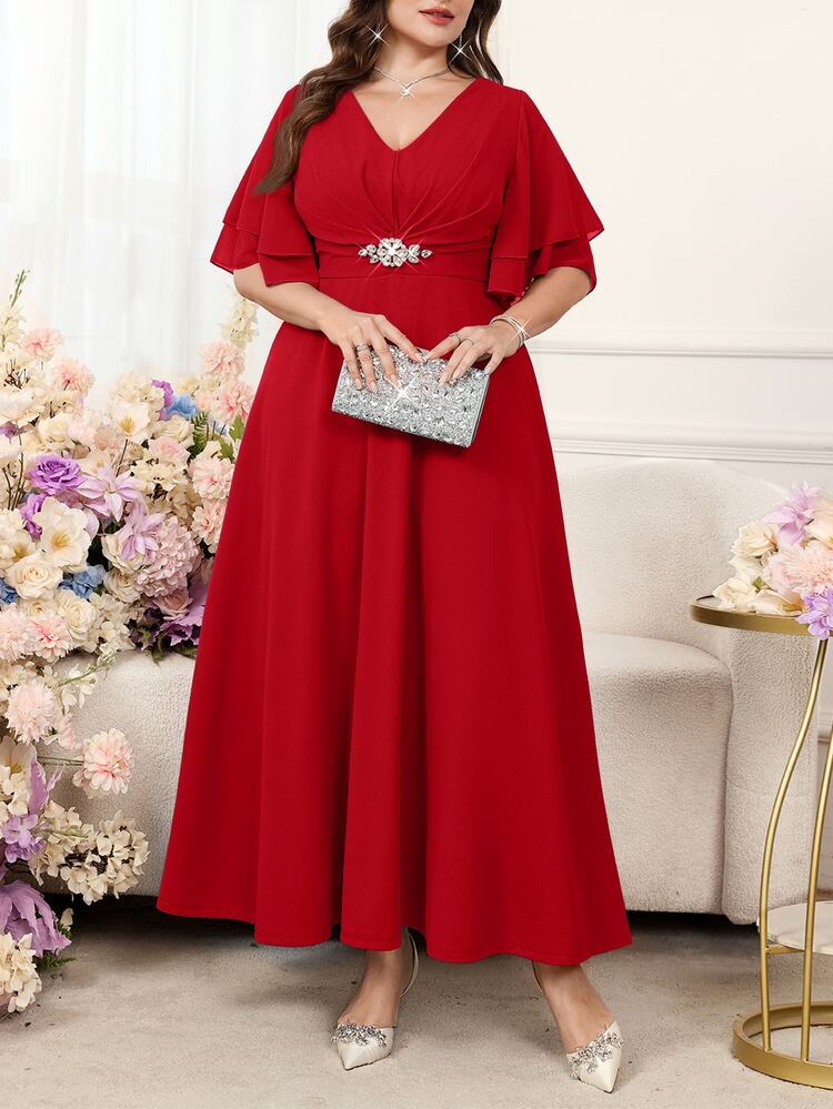 Reflora Plus Size Women's V-Neck Ruffle Short Sleeve Waist Rhinestone Decor Elegant Dress - Red - View 7