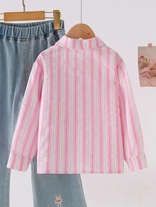 SHEIN 女童白色條紋印花清新輕盈設計襯衫，領口長袖休閒襯衫，仿刺繡圖案 - 粉色 - 查看 2
