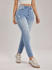 Rivivi Celana Jeans Wanita Kasual Model Tapered dengan Detail Sobek dan Kantong - Biru - View 4