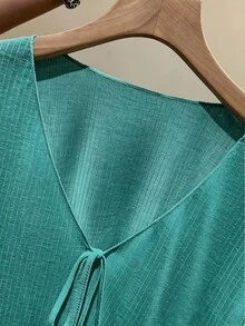 Resyla 大尺碼法式風情細肩帶洋裝，附荷葉邊飾長袖 T-shirt 外罩衫，針織防曬上衣，女款夏季防曬罩衫 - 綠色 - 查看 4