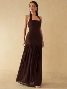 Silquee Spring/Summer Women's New Halter Neck Woven Sleeveless Mesh Hem Black Extra Long Dress, Fashion Casual Romantic - Coffee Brown - View 6