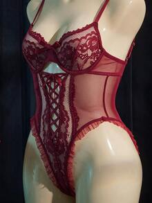 SpicyHot Women's Lace Contrast Mesh Sexy Bodysuit (Sexy + Sheer + Bodysuit + Underwire), Sexy Lingerie For Women, Adult, Honeymoon, Hot, Date Night, Lace - Burgundy - View 4