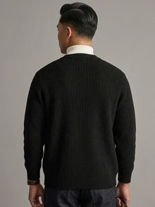 DAZY Autumn/Winter V-Neck Cardigan With Cuffed Sleeves And Hem, Solid Black Commuter Style Men's Cardigan - Black - View 2