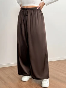 Shapeblank Plus-Size Women's Spring And Autumn Fashionable Casual Loose Comfortable Brown Satin Elastic Waist Wide-Leg Pants,Fall Outfits,Simple Style - Brown - View 6
