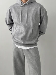 DAZY Men's Autumn/Winter Light Gray Floral Fleece Hoodie Sweatshirt And Straight Leg Sweatpants Set With Ribbed Hem And Cuffs, Elastic Waist - Grey - View 6