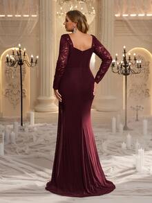 Glamrae Plus Size Elegant Burgundy Minimalist Sophisticated High Elastic Mesh Lace Sequin Embroidered Sheer Long Sleeve Sequins & Diamond Decor Waist-Flattering Ruched A-Line Mermaid Hem Evening Gown For Date, Single Party, Wedding, Event, Heavy Work Formal Dinner - Burgundy - View 4