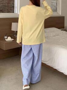 Dazy Maternity Letter Print Loose Long Sleeve T-Shirt & Plaid All-Over Print Long Pants Casual Daily Home Wear Spring Autumn Maternity 2 Pieces Set Vacation - Yellow - View 2
