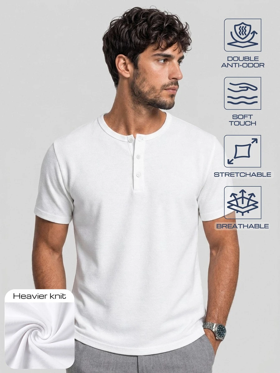 TekDrob Double Anti-Odor Heavy Viscose Henley T-Shirt With Regular Fit - White - View 1