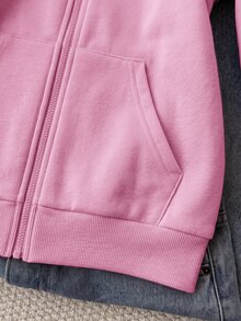 兒童青少年女孩休閒運動風灰色小馬刺繡裝飾連帽開襟衛衣，秋冬款 - 粉色 - 查看 5