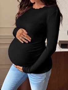 SHEIN Maternity Solid Color Casual Versatile Daily Wear Long Sleeve T-Shirt - Black - View 5