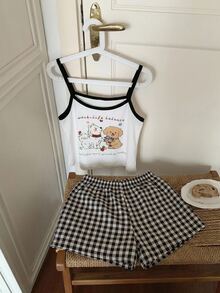 DAZY Happy Puppy Pattern Sleeveless Camisole Tank Top & Plaid Short Pajama Pants 2-Piece Set Summer Women's Sleepwear Outfit - Black - View 3