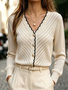 Balvessa Women's Colorblock V-Neck Casual Versatile Daily Outing Cardigan - Apricot - View 1