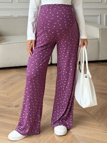 Dazy Maternity Ditsy Floral Flared Leg Pants With Lace Trim, Elastic Waist, Casual Vacation Maternity Trousers For Spring And Autumn - Purple - View 3