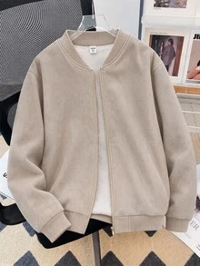 SHEIN 青少年男孩燈芯絨羊羔絨內裡拉鍊棒球夾克 卡其色 - 卡其色 - 查看 4