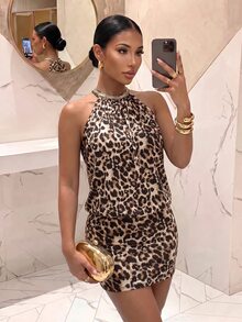 Slaydiva Women Brown Leopard Print Halter Rhinestone Metal Chain Backless Bodycon Mini Dress Hot Girl Club Party Outfit Night Out GoingOut Dresses For Ladies - Multicolor - View 4