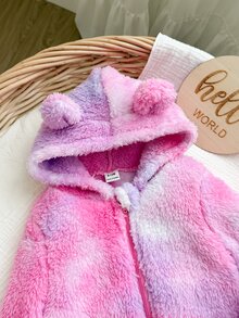 SHEIN LMoss Kids 新生女嬰可愛秋冬款毛絨花卉圖案長袖連帽連身衣 - 玫紅色 - 查看 5