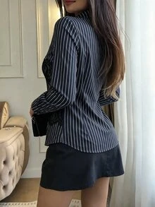 Modelyn Designer Striped Lace Patchwork Shirt Collar Long Sleeve Slim Fit Youthful Women's Fashion Versatile Elegant Blouse - Royal Blue - View 5