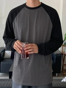 DAZY 春秋款黑色與深灰色拼接配色韓式男士長袖落肩袖T恤 - 深灰色 - 查看 8