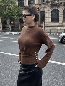DAZY Fall/ Brown Button Contrast Patchwork Brunch Stand Collar Elegant Office Work Casual Waist-Cinching Long Sleeve Women's T-Shirt - Brown - View 3