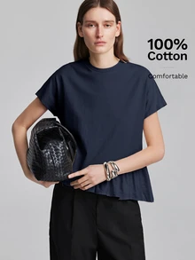 Ontre 女款舒適親膚高級面料修身設計圓領直肩短袖拼接設計，現代度假海灘波希米亞鄉村音樂西式老錢風高端質感郵輪輕奢品質，必備時尚商務休閒都市女裝辦公通勤高品質機場度假T恤 - 藏蓝色 - 查看 3