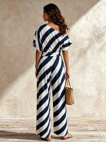 Glimmora Women's Striped Asymmetrical Shoulder Batwing Sleeve Top And Wide Leg Pants Casual 2 Pieces Set - Multicolor - View 2