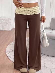 SHEIN Tween Girl Tween Girl Tween Girls Polka Dot Patchwork Coffee Color Casual Long Pants - Multicolor - View 3