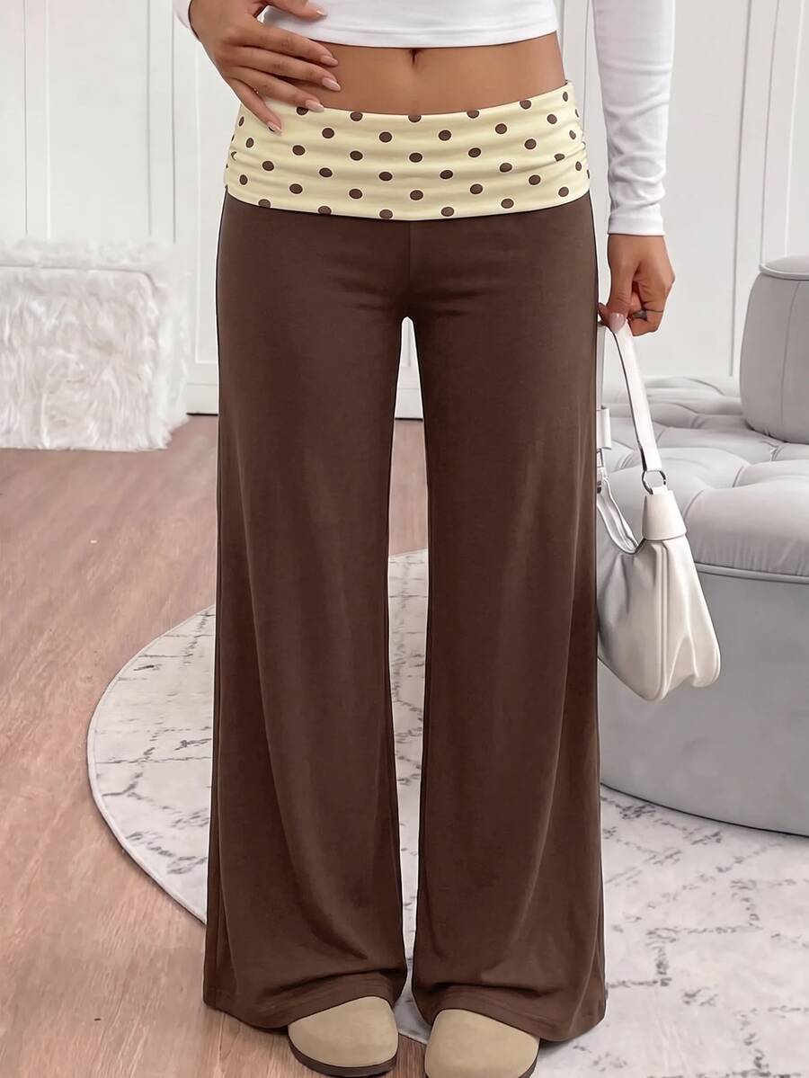 SHEIN Tween Girl Tween Girl Tween Girls Polka Dot Patchwork Coffee Color Casual Long Pants - Multicolor - View 1