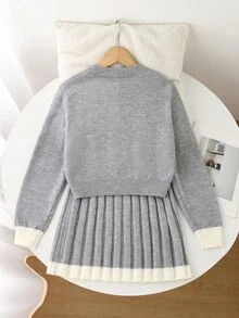 青少年女孩冬季兩件套，優雅蝴蝶結裝飾毛衣與針織百褶裙套裝 - 灰色 - 查看 2