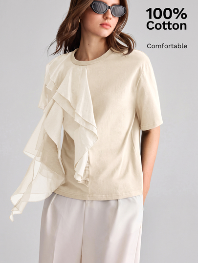 Ontre Women's Black Comfortable Fabric Fitted Round Neck Slightly Dropped Shoulder Short Sleeve Front Multi-Layer Ruffle Trim Tencel Material Ruffle Decor, Business Casual Women's Clothing Elegant High-End Commute Women's T-Shirt, Autumn Halloween Back To School Church Special Occasion Birthday Wedding Guest Party Date Vacation Street Style Sexy Minimalist