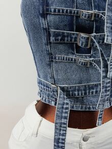 SHEIN Atasan Denim Wanita Model Halter Neck dengan Desain Gesper yang Dapat Diatur - Biru - View 7
