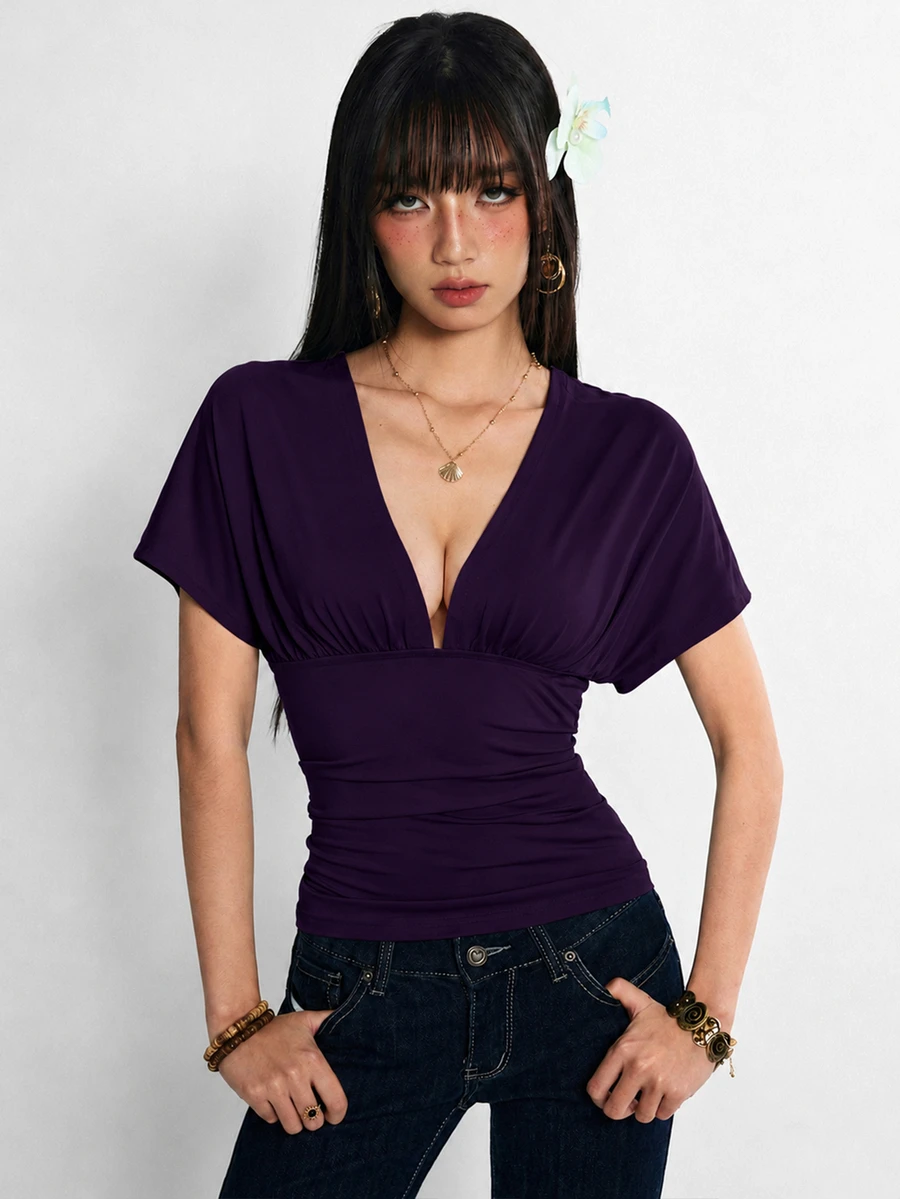 Rina Fox 女款薄荷藍深V領露背繫帶短袖性感修身上衣 - 紫色 - 查看 1