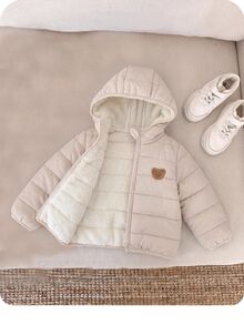 SHEIN 女嬰可愛休閒秋冬百搭杏色卡通熊圖案連帽加厚外套 - 米色 - 查看 1