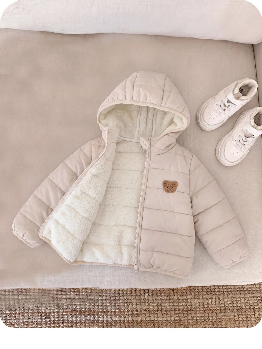 SHEIN 女嬰可愛休閒秋冬百搭杏色卡通熊圖案連帽加厚外套 - 米色 - 查看 1