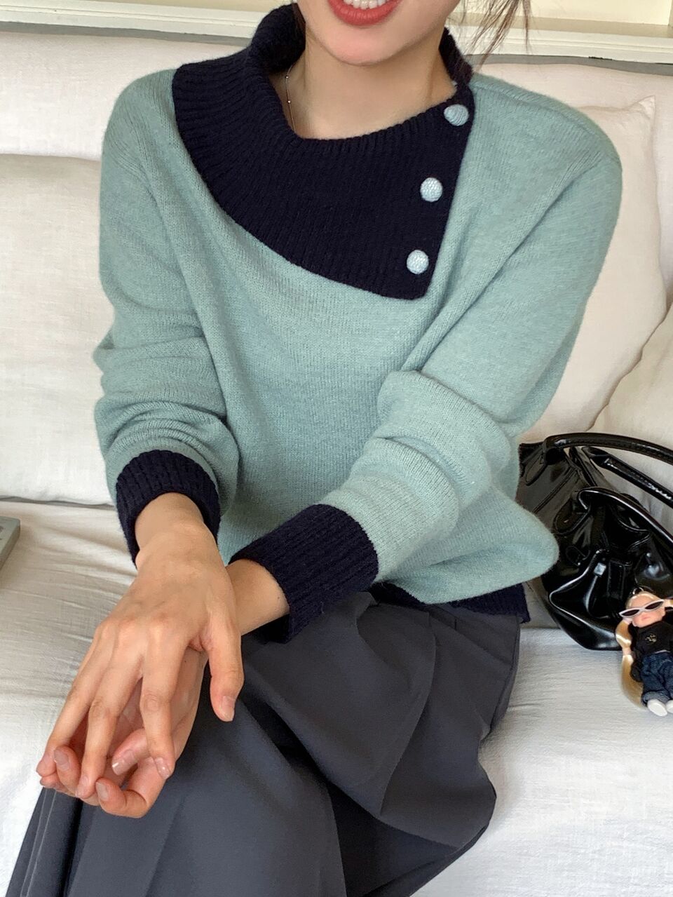Light Blue Contrast Dark Blue Collar Button Decor Loose Long Sleeve Casual Versatile Knit Sweater