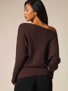 COSMINA Women's Casual Elegant Knit Cold Shoulder Sweater Brunch Dinner Dark Brown Fall - Brown - View 2