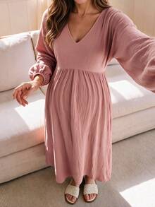 SHEIN Maternity Home Dress Loose Comfortable 100% Cotton - Dusty Pink - View 6