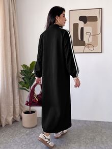 Veilorie 女款秋季休閒青蛙鈕扣長洋裝 - 黑色 - 查看 2