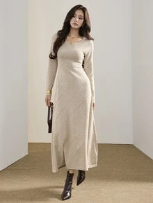 Heiryn Women's Solid Color Round Neck Long Sleeve Casual Knit Dress - Khaki - View 3