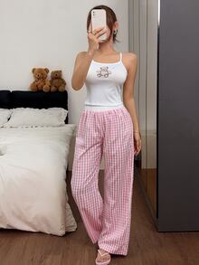 Napfluff Conjunto de 2 piezas de Camisola con Estampado de Oso Lindo + Pantalones de Pierna Ancha a Cuadros Rosados, Conjunto de Pijama Casual para Mujer, Se Puede Usar en la Calle - Rosa - Ver 4