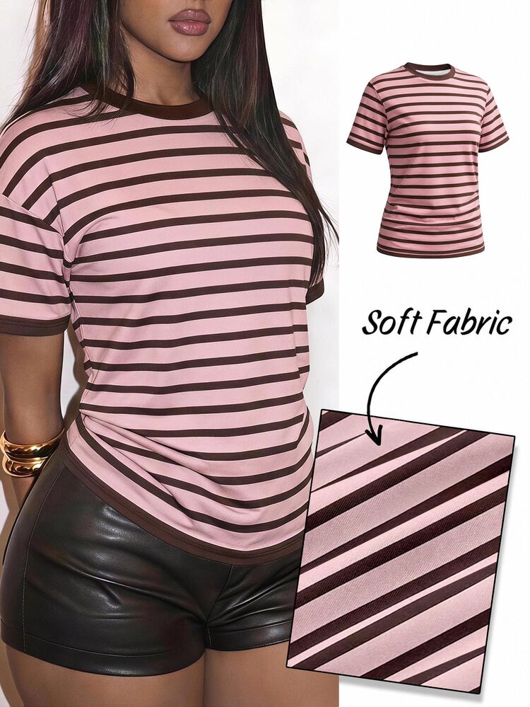 Slaydiva Women's Striped Casual Minimalist Summer Plus Size T-Shirt - Multicolor - View 3