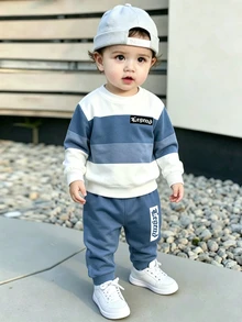 1套幼童秋季運動衛衣套裝，男嬰對比藍白寬條紋胸前Legend哥德字母印花圓領長袖衛衣與運動長褲2件套，適合酷男孩戶外散步、上學穿搭、拍照拍攝，簡約高端對比寬條紋層次感，百搭時尚男童2件套 - 彩色 - 查看 4