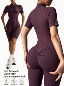 Slayform Slayform Women's Colorblock Pleated Casual Daily Travel Sports Romper - Rusty Rose - View 1